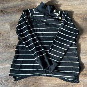J Crew black with white stripe tunic sweater, high collar